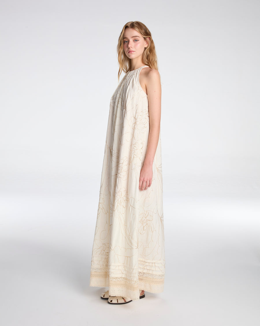 Long dress with gold embroidery