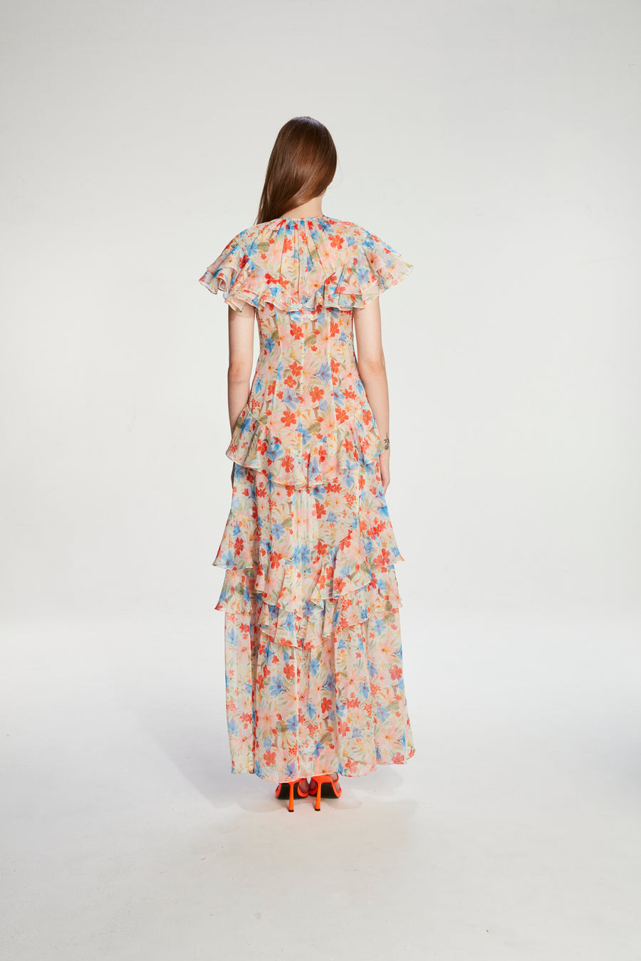 Long red floral dress