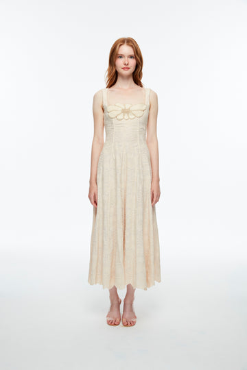 Long woven dress with floral pattern in cream