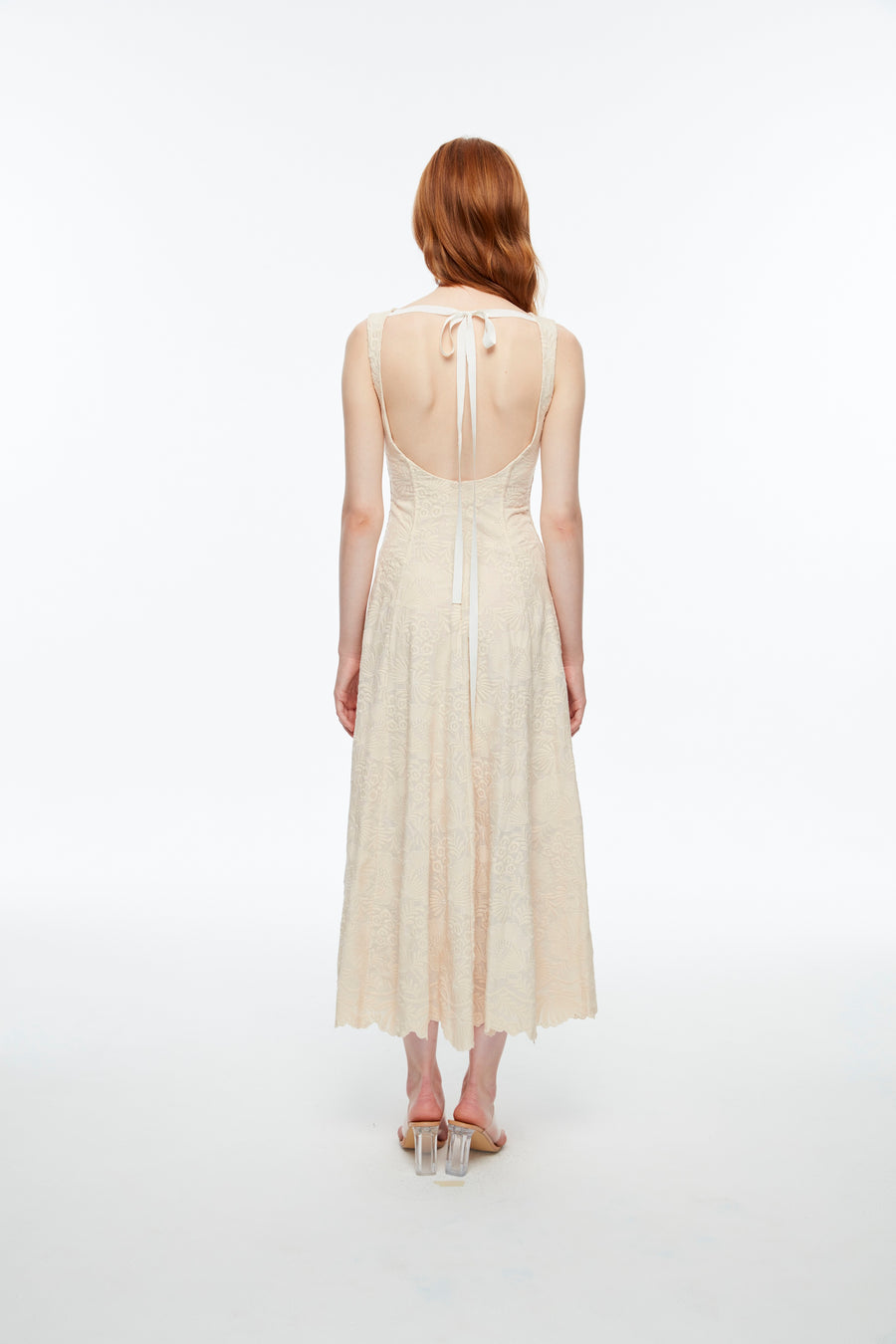 Long woven dress with floral pattern in cream