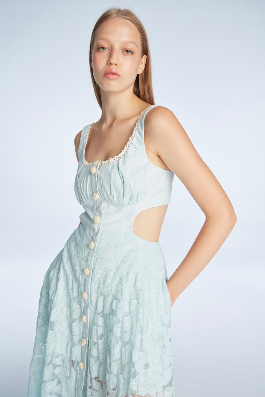 Long blue lace dress